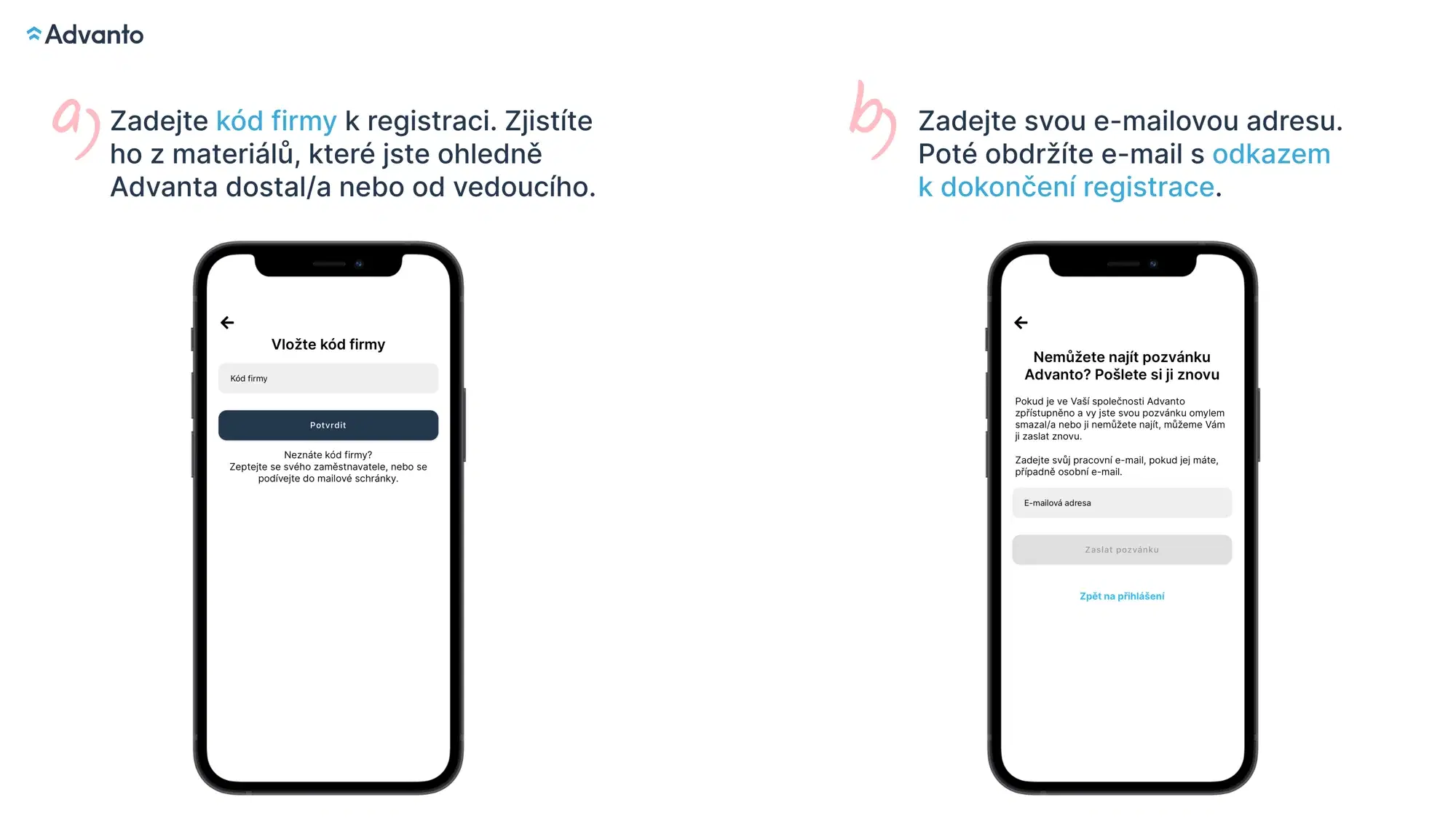 Registrace v aplikaci Advanto pomocí kódu firmy nebo registračního e-mailu
